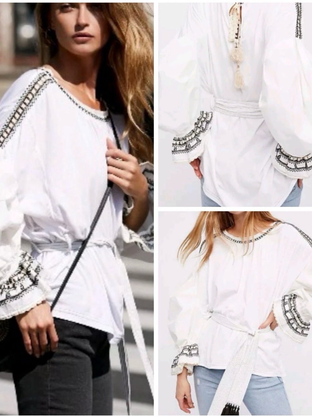 Free People On Holiday Embroidered Sash Waist Blouse White Size Small